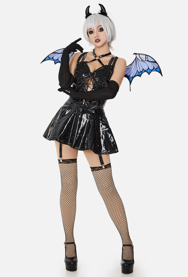 Sexy Butterfly Demon Dress Gothic Mini Dress Lingerie Set Unique Mesh Butterfly Design Mini Dress with Wings