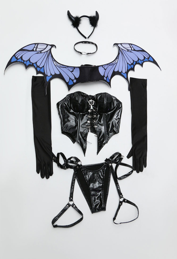 Little Devil Butterfly Black Sexy Lingerie Set Gothic Halter Lace-up Top and Thong with Wings and Gloves Little Devil Butterfly Black Sexy Lingerie Set Gothic Halter Lace-up Top and Thong with Wings and Gloves