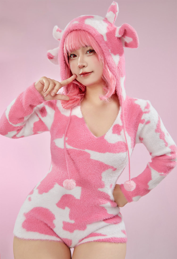 Pink Milk Cow Pattern Fluffy Bodycon Romper Sexy Lingerie Cow Print Furry Hooded Bodysuit Homewear