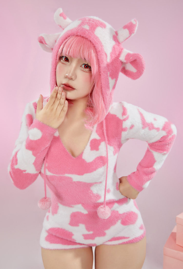 Pink Milk Cow Pattern Fluffy Bodycon Romper Sexy Lingerie Cow Print Furry Hooded Bodysuit Homewear