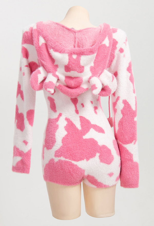 Pink Milk Cow Pattern Fluffy Bodycon Romper Sexy Lingerie Cow Print Furry Hooded Bodysuit Homewear