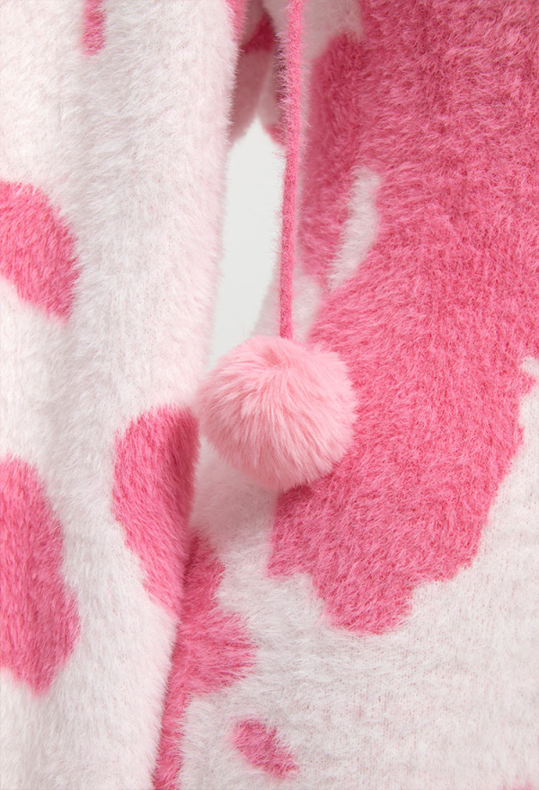 Pink Milk Cow Pattern Fluffy Bodycon Romper Sexy Lingerie Cow Print Furry Hooded Bodysuit Homewear