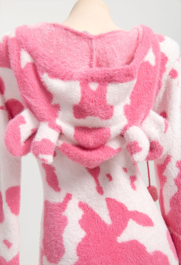 Pink Milk Cow Pattern Fluffy Bodycon Romper Sexy Lingerie Cow Print Furry Hooded Bodysuit Homewear