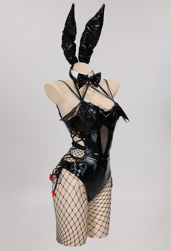 Devil Bunny Girl Sexy Black Bodysuit Lingerie Dark Style PU Leather One-Piece Bodysuit