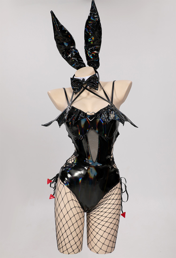 Devil Bunny Girl Sexy Black Bodysuit Lingerie Dark Style PU Leather One-Piece Bodysuit