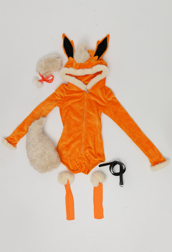 Fire Fox Red Sexy Romper Bodysuit Plush Hooded and Socks with Belt and Tail
