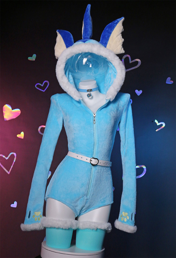 Cute Monster Fluffy Bodycon Romper Sexy Lingerie Blue Furry Hooded Bodysuit Jumpsuit Homewear with Tail Belt and Stockings Cute Monster Fluffy Bodycon Romper Sexy Lingerie Blue Furry Hooded Bodysuit Jumpsuit Homewear with Tail Belt and Stockings