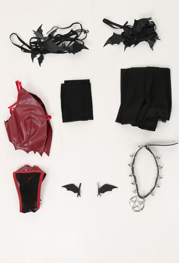 Dark Little Bat Top And Panty Erotic Lingerie Burgundy PU Leather Sexy Lingerie Set