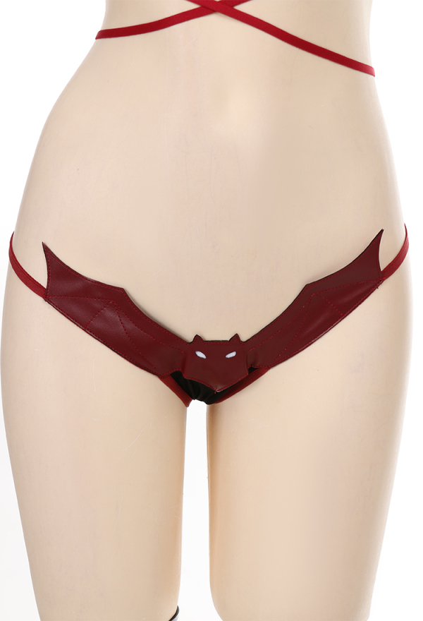 Dark Little Bat Top And Panty Erotic Lingerie Burgundy PU Leather Sexy Lingerie Set