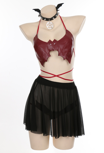Dark Little Bat Top And Panty Erotic Lingerie Burgundy PU Leather Sexy Lingerie Set