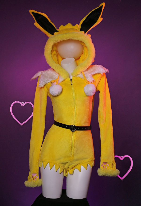 Thunder Fox Yellow Sexy Romper Bodysuit Plush Hooded and Socks with Belt and Tail