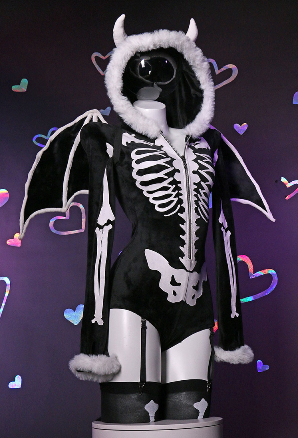 Bone To Be Wild Gothic Skeleton Bodysuit Black Skull Lingerie Zipper hooded Romper and Wings with Thigh Stockings and Garters