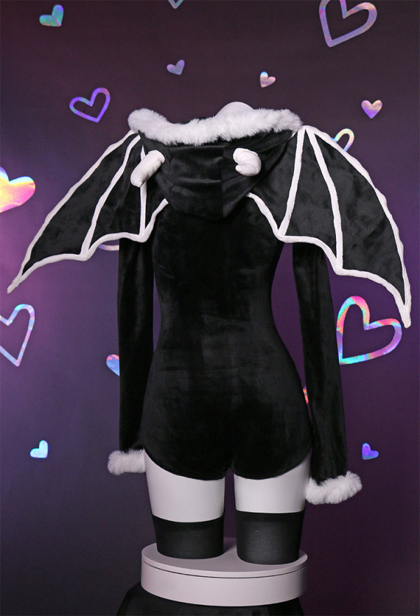 Bone To Be Wild Gothic Skeleton Bodysuit Black Skull Lingerie Zipper hooded Romper and Wings with Thigh Stockings and Garters