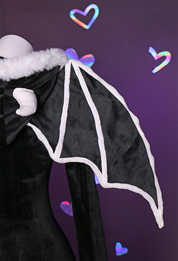 Bone To Be Wild Gothic Skeleton Bodysuit Black Skull Lingerie Zipper hooded Romper and Wings with Thigh Stockings and Garters