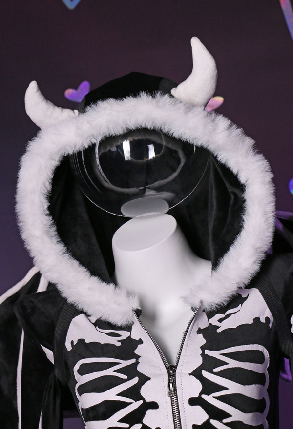 Bone To Be Wild Gothic Skeleton Bodysuit Black Skull Lingerie Zipper hooded Romper and Wings with Thigh Stockings and Garters