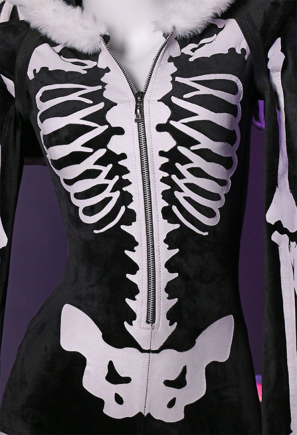 Bone To Be Wild Gothic Skeleton Bodysuit Black Skull Lingerie Zipper hooded Romper and Wings with Thigh Stockings and Garters