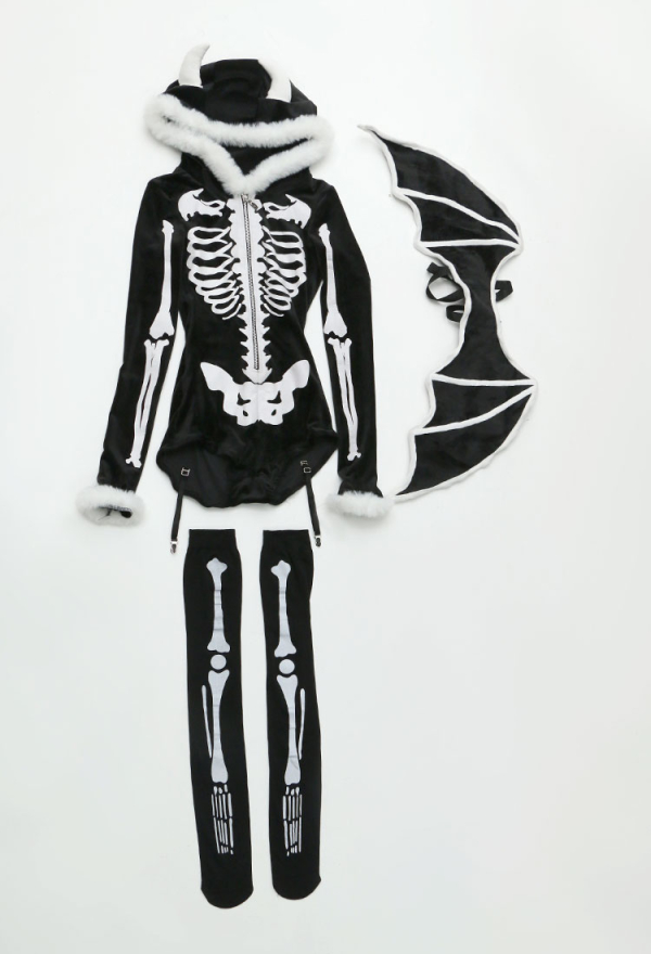 Bone To Be Wild Gothic Skeleton Bodysuit Black Skull Lingerie Zipper hooded Romper and Wings with Thigh Stockings and Garters