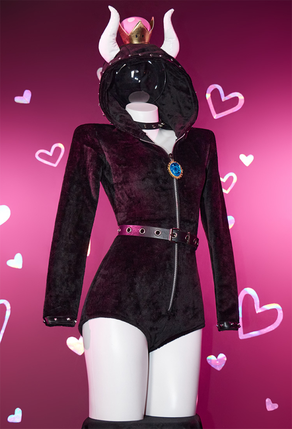 Devil Princess Gothic Halloween Lingerie Bodysuit Plush Homewear Romper and Thigh Socks with Belt and Choker