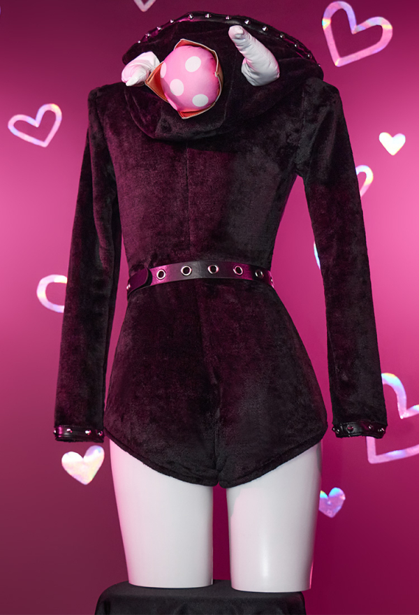 Devil Princess Gothic Halloween Lingerie Bodysuit Plush Homewear Romper and Thigh Socks with Belt and Choker