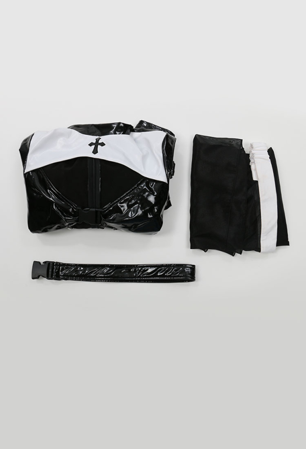 HOLY LOVE Gothic Punk Nun Uniform Bodysuit PU Leather Black Cut-out Bodysuit