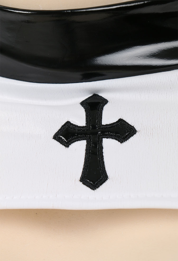 HOLY LOVE Gothic Punk Nun Uniform Bodysuit PU Leather Black Cut-out Bodysuit