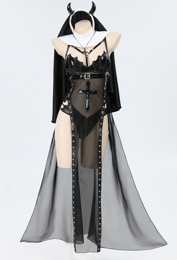HOLY LOVE Gothic Wicked Nun Uniform Lingerie Set Black Mesh Dress with Gloves and Pantyhose HOLY LOVE Gothic Wicked Nun Uniform Lingerie Set Black Mesh Dress with Gloves and Pantyhose