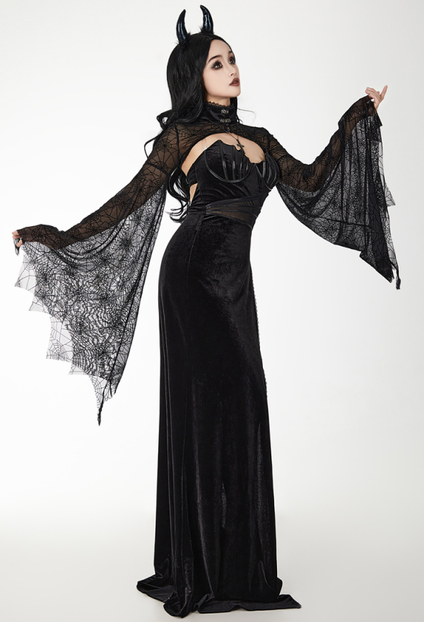 SPELL ON YOU Gothic Horror Witch Halloween Dress Black Mesh Spider Web Design Flared Sleeves Dress