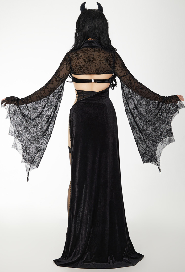 SPELL ON YOU Gothic Horror Witch Halloween Dress Black Mesh Spider Web Design Flared Sleeves Dress
