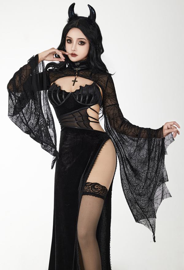SPELL ON YOU Gothic Horror Witch Halloween Dress Black Mesh Spider Web Design Flared Sleeves Dress