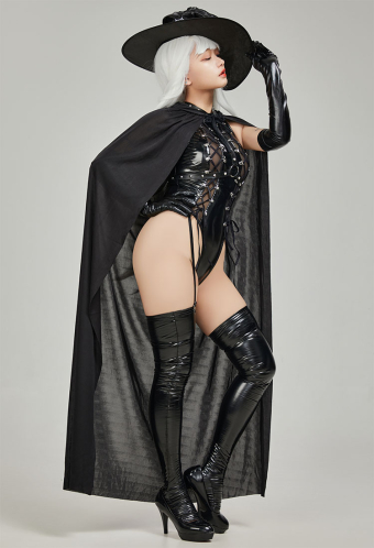 Meowcos.com SPELL ON YOU Gothic Dark Witch Style Lingerie Set Black Textured Lace-up Design Bodysuit with Cloak and Witch Hat