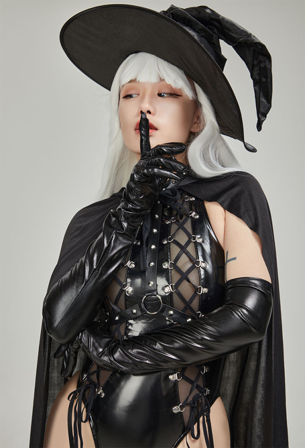 Meowcos.com SPELL ON YOU Gothic Dark Witch Style Lingerie Set Black Textured Lace-up Design Bodysuit with Cloak and Witch Hat Meowcos.com SPELL ON YOU Gothic Dark Witch Style Lingerie Set Black Textured Lace-up Design Bodysuit with Cloak and Witch Hat