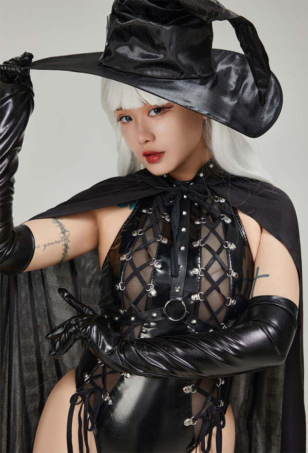 Meowcos.com SPELL ON YOU Gothic Dark Witch Style Lingerie Set Black Textured Lace-up Design Bodysuit with Cloak and Witch Hat Meowcos.com SPELL ON YOU Gothic Dark Witch Style Lingerie Set Black Textured Lace-up Design Bodysuit with Cloak and Witch Hat
