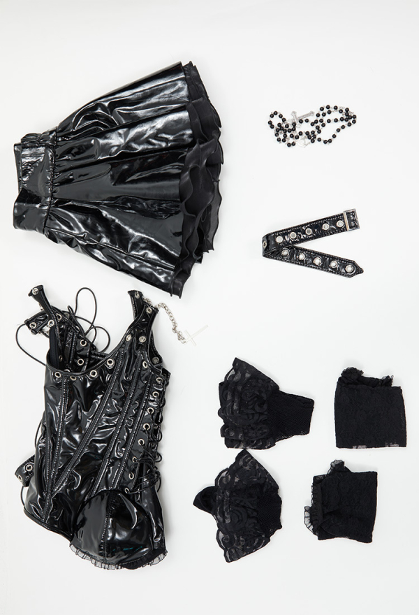 Miss Misa Gothic Corset Camisole and Skirt Set Black Lace-up Corset Style Top and Skirt with Net Stockings and Sleeves Miss Misa Gothic Corset Camisole and Skirt Set Black Lace-up Corset Style Top and Skirt with Net Stockings and Sleeves