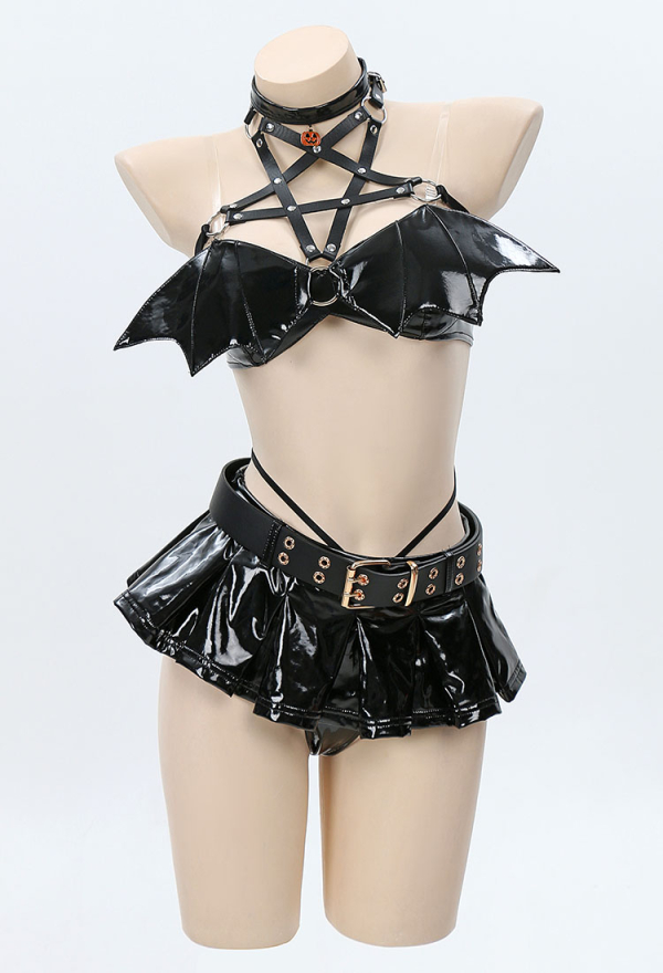 SPELL ON YOU Gothic Halloween Pumpkin Witch Party Set Strappy Top Bra and Mini Skirt Sexy Lingerie Set