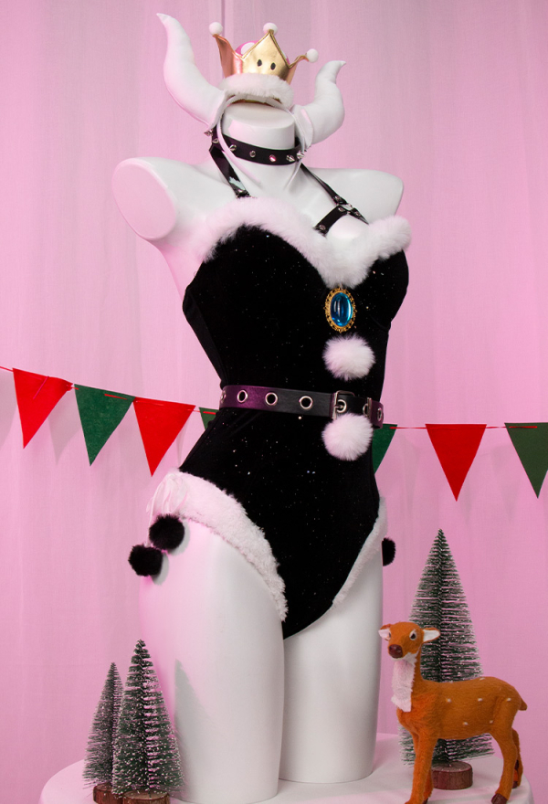 Silent Night Gothic Christmas Sexy Lingerie Set Furry Bodysuit with Headwear Glvoes Stockings