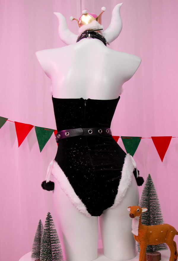 Silent Night Gothic Christmas Sexy Lingerie Set Furry Bodysuit with Headwear Glvoes Stockings