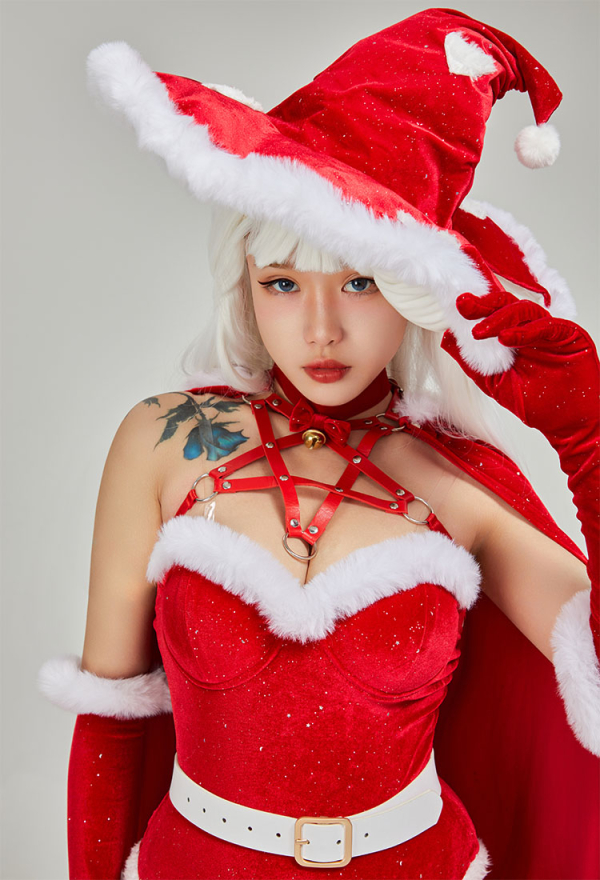 SPELL ON YOU Gothic Christmas Witch Uniform Party Outfit Sexy Red Bodysuit with Stockings Lingerie Set