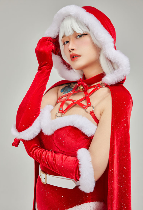 SPELL ON YOU Gothic Christmas Witch Uniform Party Outfit Sexy Red Bodysuit with Stockings Lingerie Set
