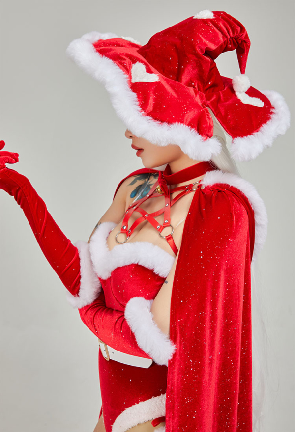 SPELL ON YOU Gothic Christmas Witch Uniform Party Outfit Sexy Red Bodysuit with Stockings Lingerie Set