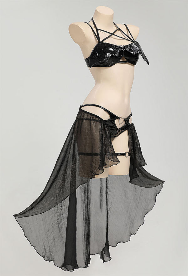 Dark Bat Sexy Black Set PU Leather Chest Cutout Two-Piece Lingerie Set