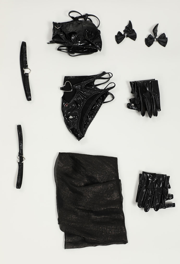 Dark Bat Sexy Black Set PU Leather Chest Cutout Two-Piece Lingerie Set