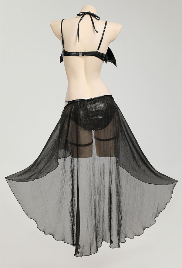 Dark Bat Sexy Black Set PU Leather Chest Cutout Two-Piece Lingerie Set