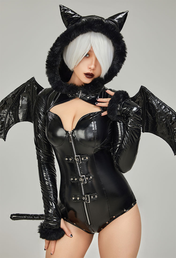 AFTER DUSK Gothic Sexy Bat Style Lingerie Set Black Patent Leather Romper with Wings