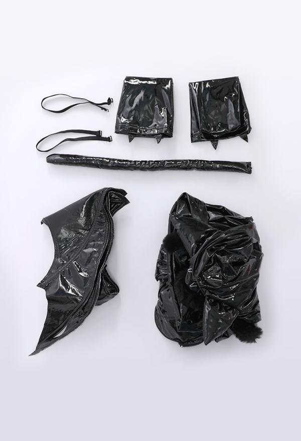 AFTER DUSK Gothic Sexy Bat Style Lingerie Set Black Patent Leather Romper with Wings