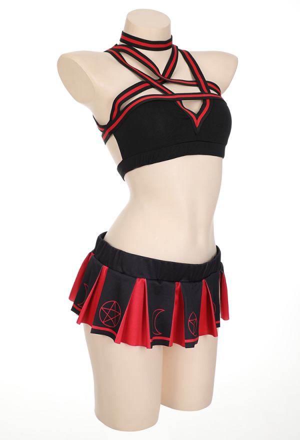 Demon Cheerleader Sexy Gothic Lingerie Set Red Pentagram Design Top Bra and Skirt Set