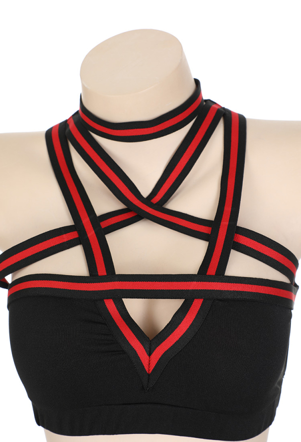 Demon Cheerleader Sexy Gothic Lingerie Set Red Pentagram Design Top Bra and Skirt Set