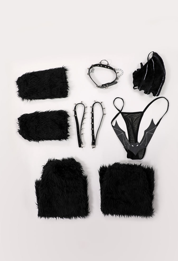 AFTER DUSK Gothic Bat Theme Sexy Lingerie Set Black Bat Style Lingerie with Furry Wrist Cuffs and Leg Cuffs AFTER DUSK Gothic Bat Theme Sexy Lingerie Set Black Bat Style Lingerie with Furry Wrist Cuffs and Leg Cuffs