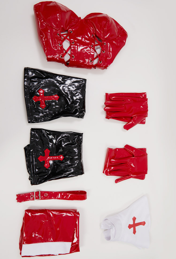 HOLY LOVE Gothic Nun Uniform Red PU Leather Front Lace-up Bodysuit with Headwear and Gloves