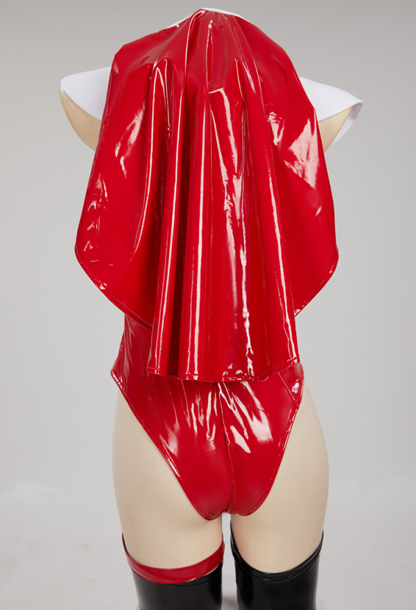 HOLY LOVE Gothic Nun Uniform Red PU Leather Front Lace-up Bodysuit with Headwear and Gloves