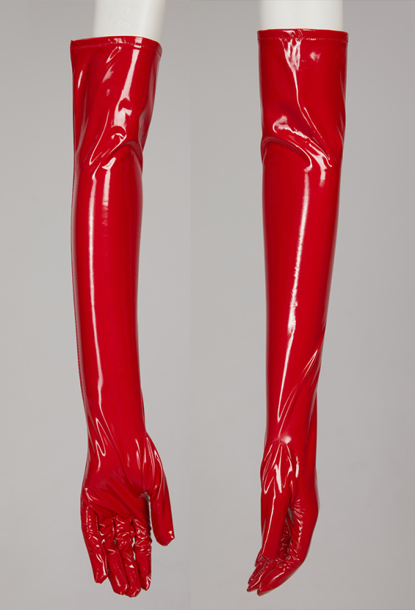 HOLY LOVE Gothic Nun Uniform Red PU Leather Front Lace-up Bodysuit with Headwear and Gloves